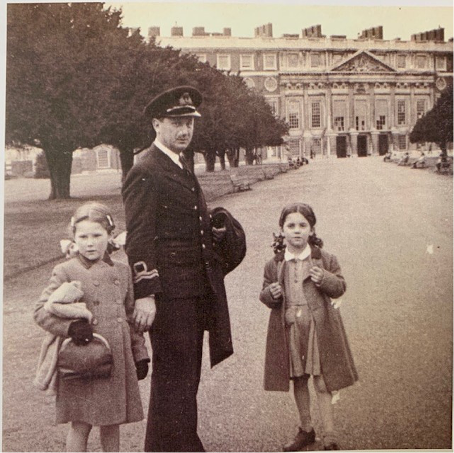  Theodore pictured with daughters Anthea (left) and Penelope (right). Taken on a trip to Hampton Court in April 1944, his last period of leave before D-Day.