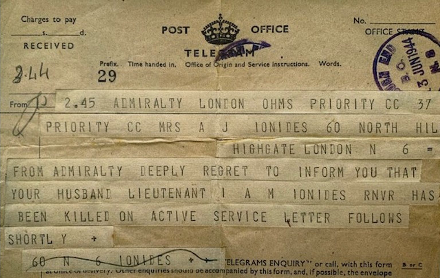 The telegram to confirm the death of Theodore