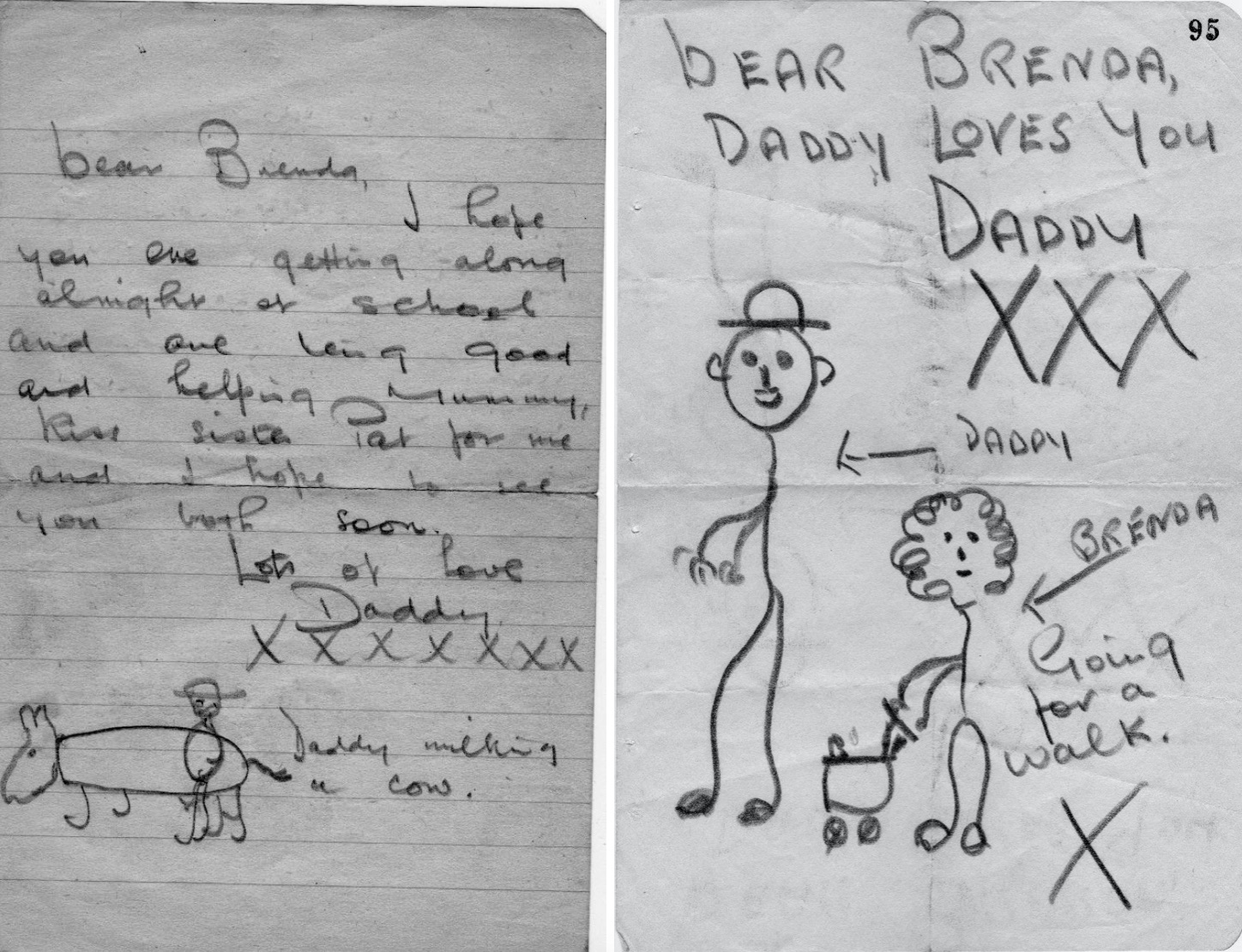 Letter from Edward to daughter Brenda. Drawing of 'Daddy and Brenda going for a walk' with caption reading Dear Brenda, Daddy Loves You.'