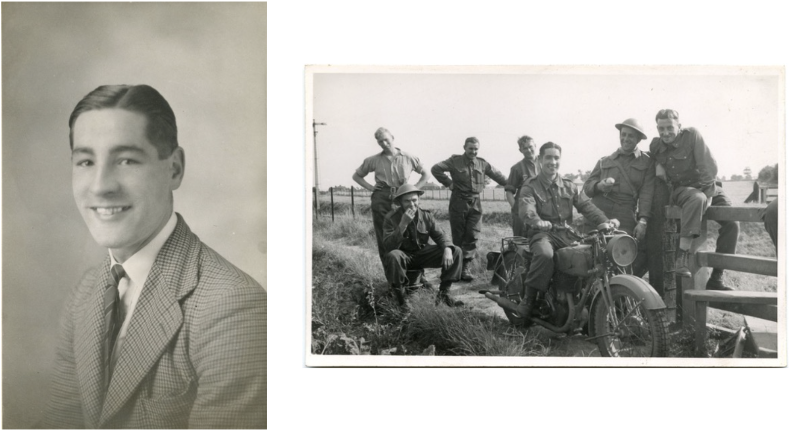 Norman dressed in suit and tie and him on a motorbike surrounded by fellow servicemen