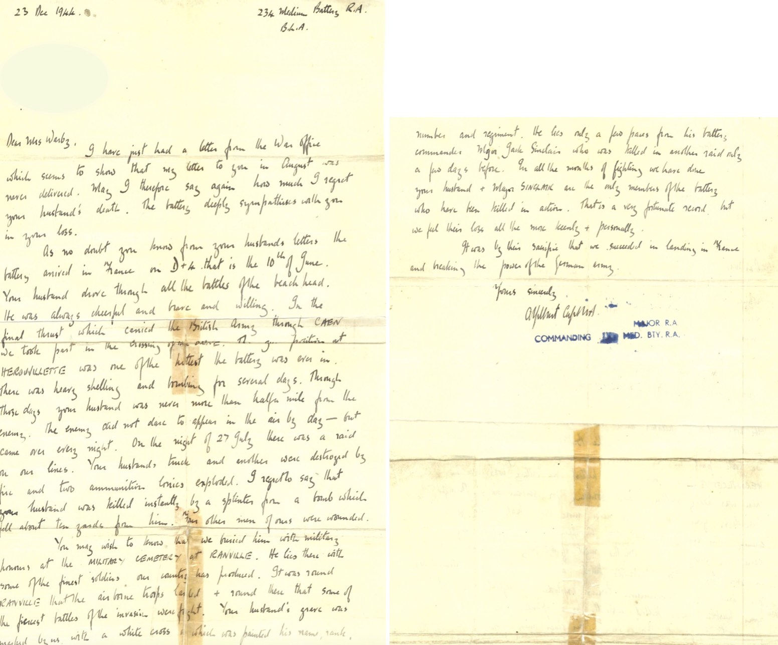 The original letter written to Thomas' mother by the Major