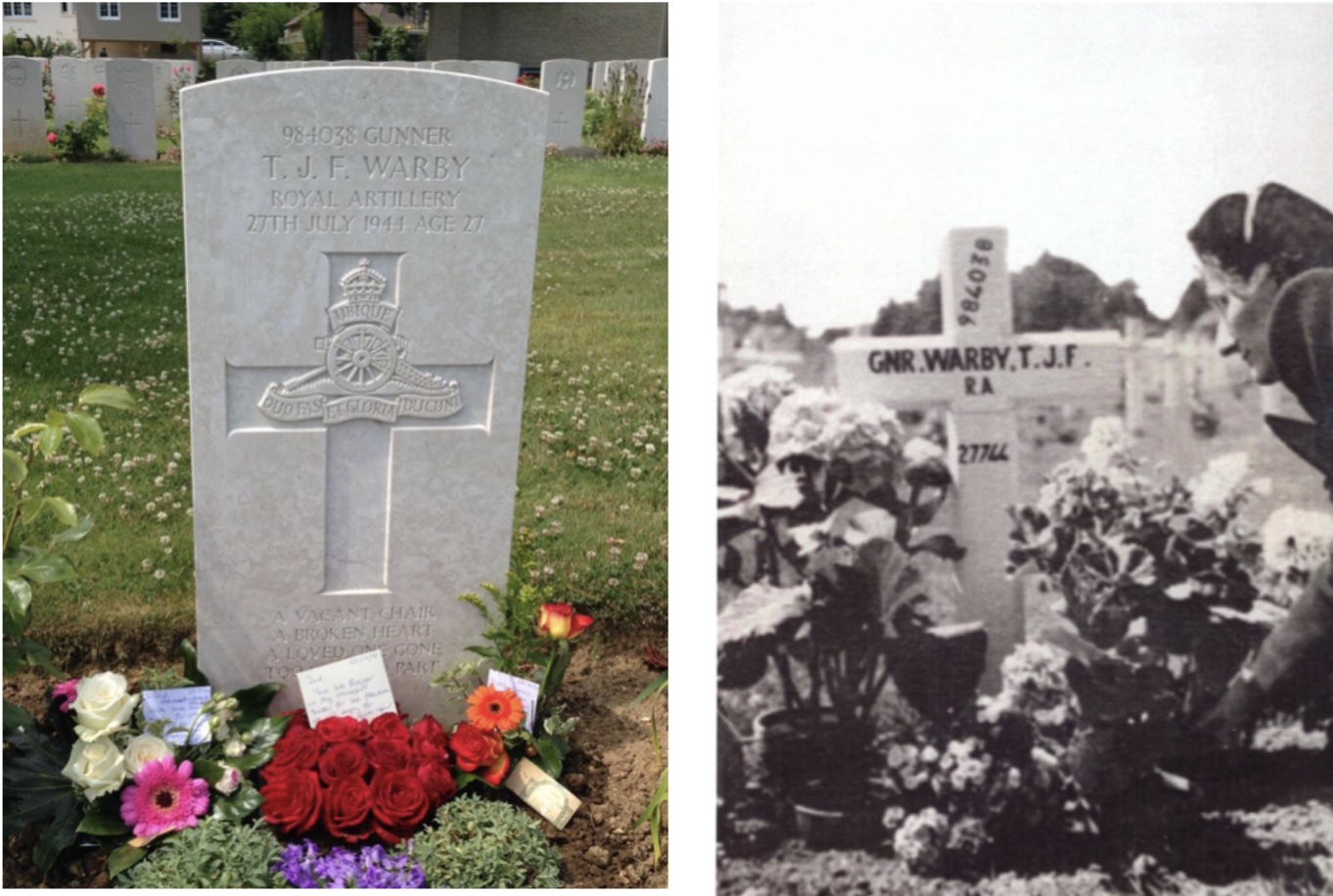 Two pictures - Thomas' gravestone and Thomas' mother visiting the grave 