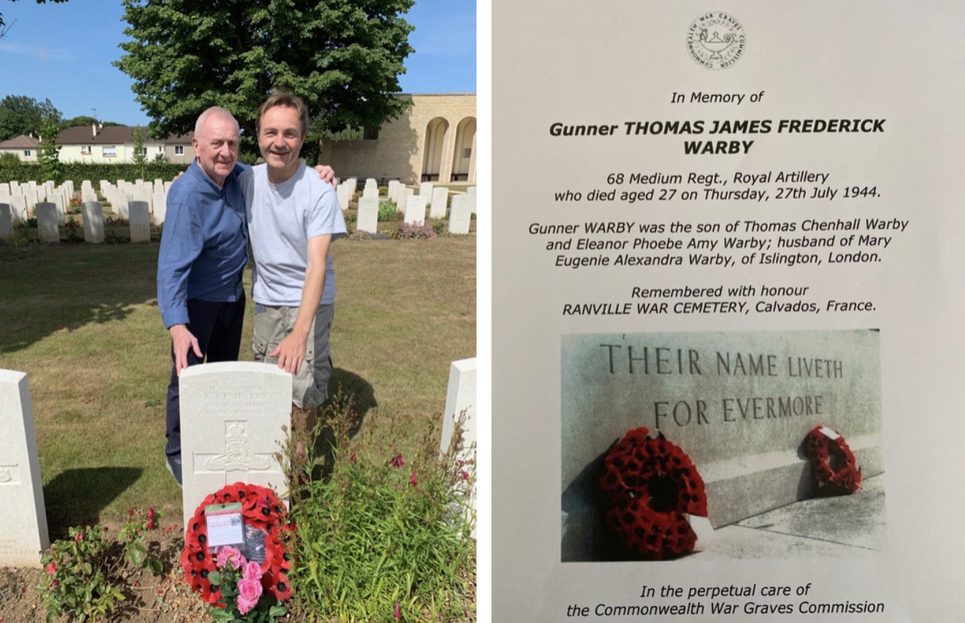 At my father’s grave with William on the 75th anniversary of his death on 27 July 2019. William lives close to Ranville cemetery and we have become good friends over the many years of visiting. William and his family kindly care for my Dad’s place of rest. On the right is my father’s ‘in memory’ page from the Commonwealth War Graves Commission.