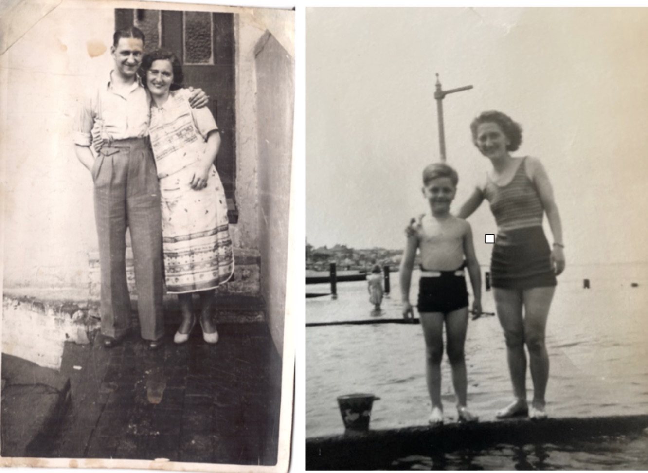 My parents at home in Islington, London in 1942 and Mum and I on the beach in 1949, aged 6.