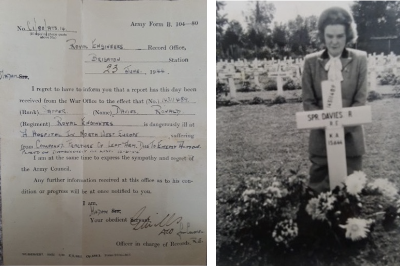 Two pictures - notice from War Office to inform that Ronald is gravely ill, and Ronald's wife Alice visiting Ronald's grave.