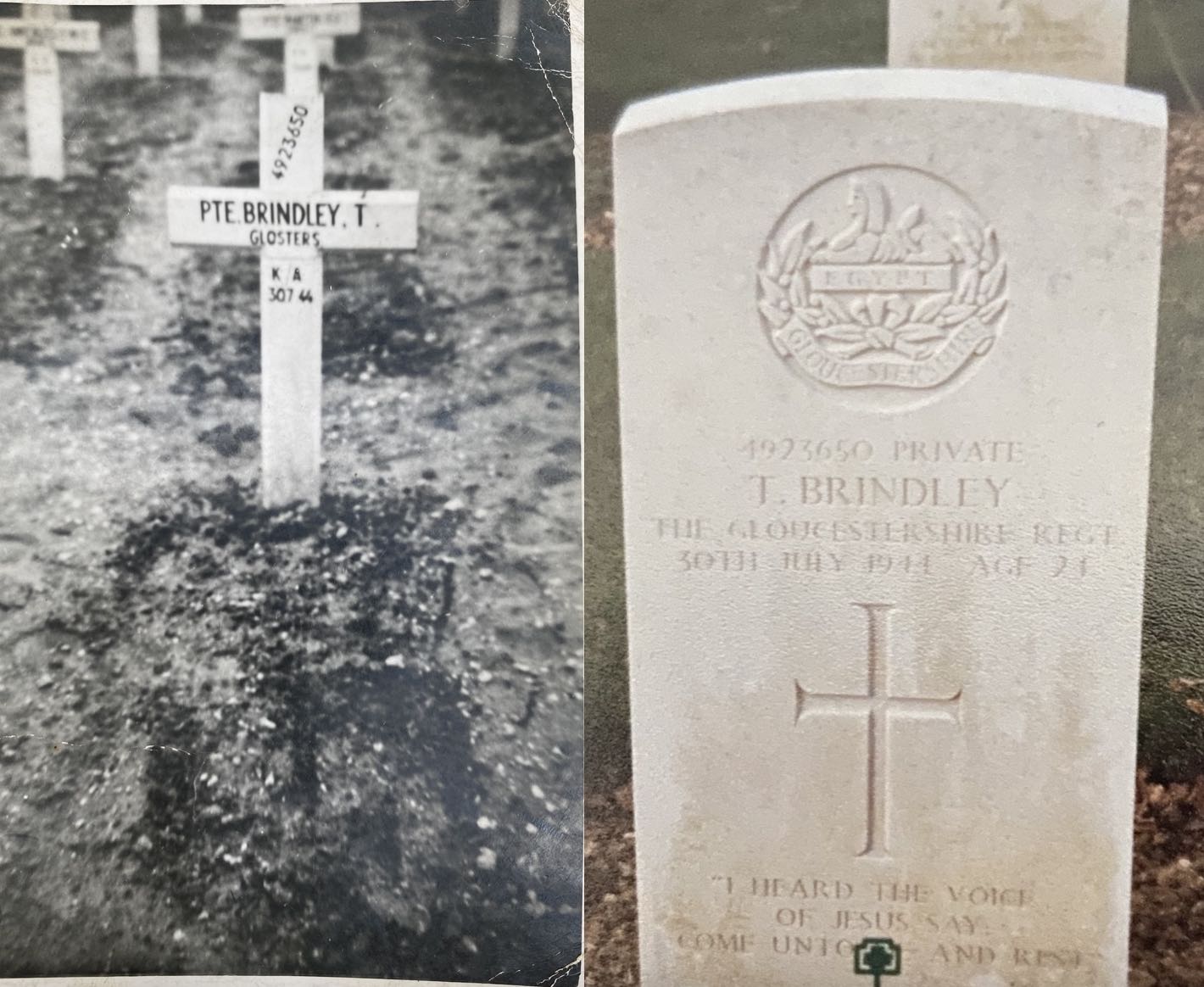 Two pictures - archive of temporary grave marking with cross and modern day gravestone 