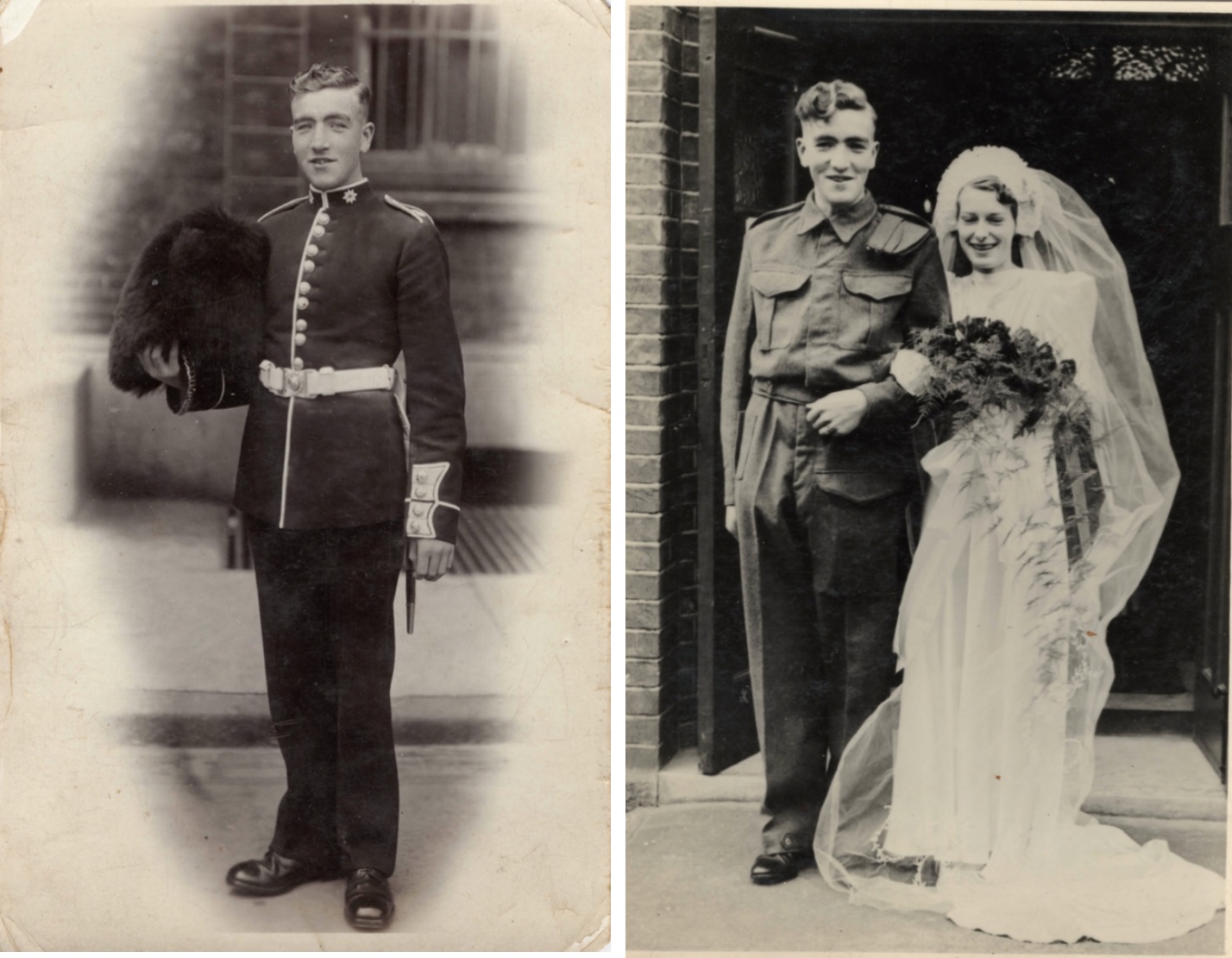 David as Guardsman in 1938 or 1939 and the day of his wedding to Mary. David is in military uniform and Mary in a traditional wedding dress.