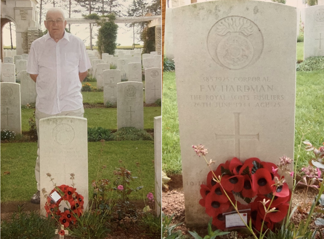 Son Fred standing behind the grave stone of his father with a poppy wreath in front of the grave stone. And close up of grave stone with wreath.