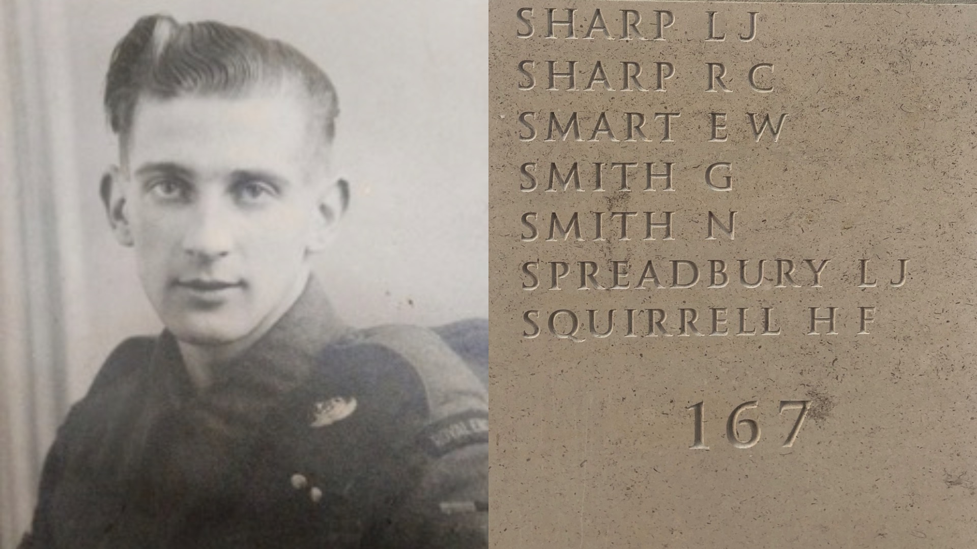 Pictures of Leonard and his name engraved on Memorial stone column