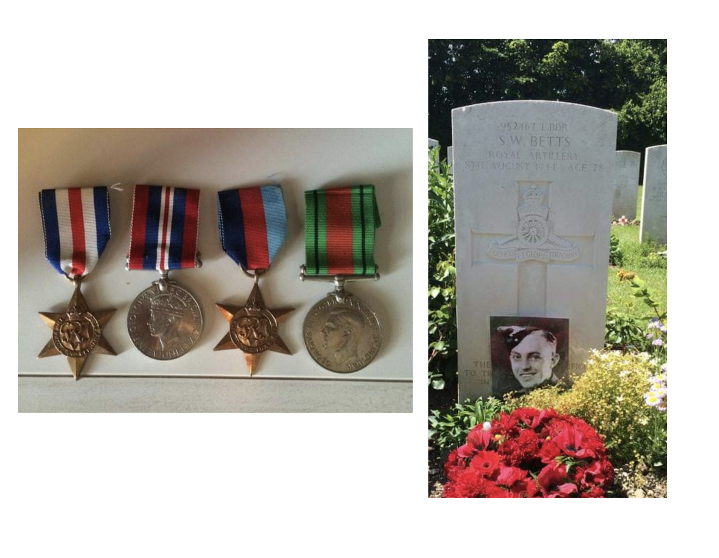 Two pictures - on left, 4 war medals and on right, Stanley's grave stone with red flowers and his photo in front of the headstone